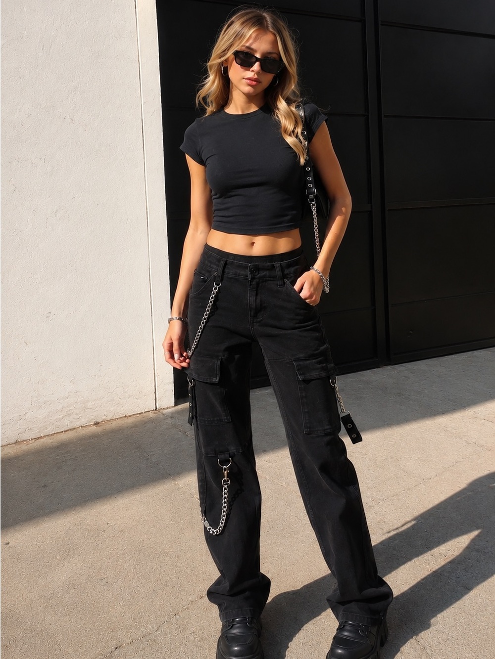 🖤 HT Denim Stinger Black Chain Cargo Jeans Size 28x32 🖤